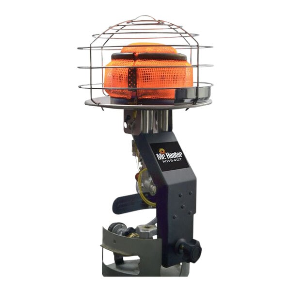 A Mr. Heater single burner liquid propane tank top heater on a metal stand.