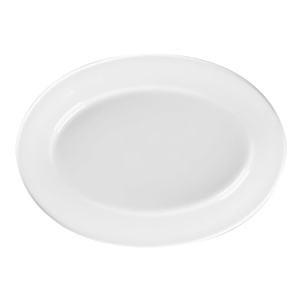 A white oval china platter with a wide rim.