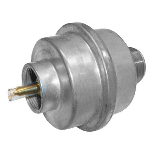 A metal cylinder with a brass tube, the Mr. Heater Universal Fuel Filter.