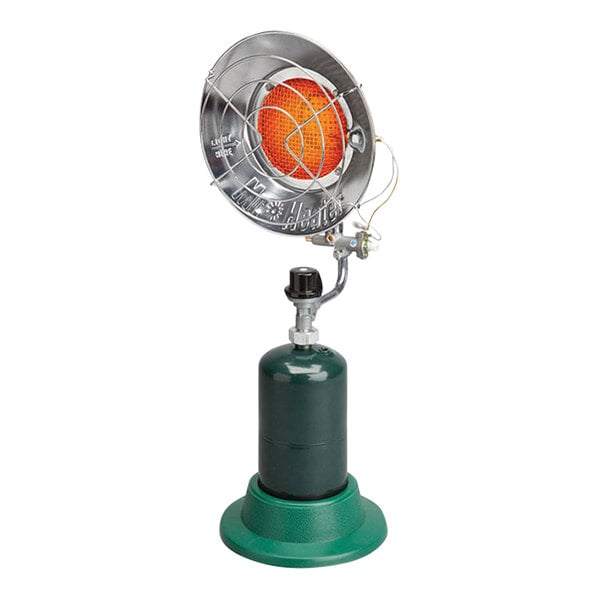 A Mr. Heater single burner liquid propane tank top heater with a green propane cylinder on a stand.