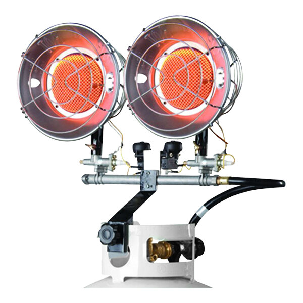 A Mr. Heater dual burner liquid propane tank top heater with two round heat lamps.