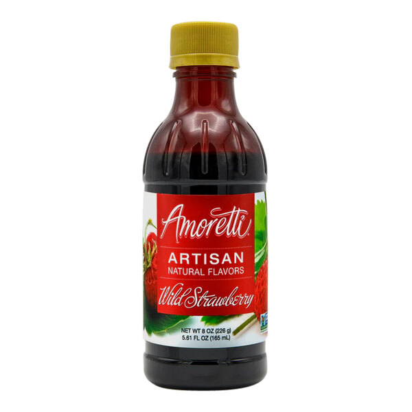 A bottle of Amoretti Wild Strawberry Artisan Natural Flavor Paste with a red and white label.