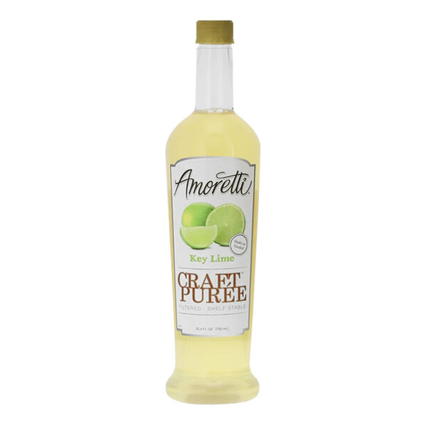 A bottle of Amoretti Key Lime Craft Puree with a label of lime juice over yellow liquid.