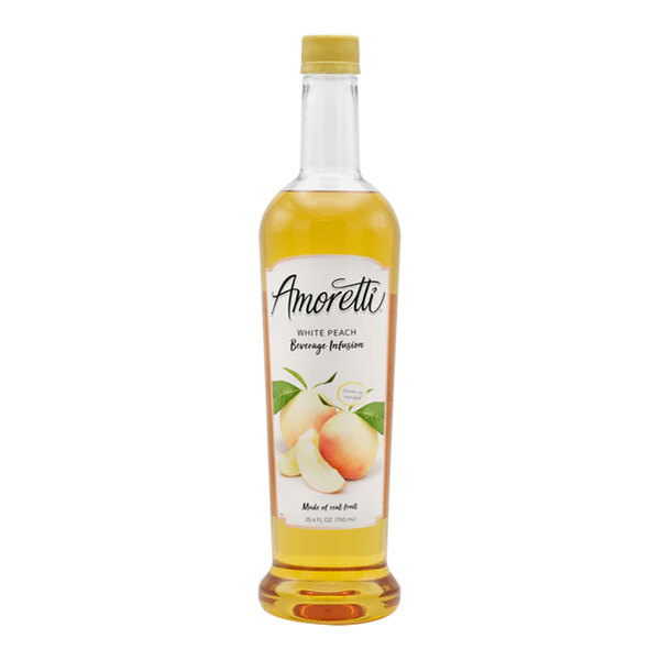 A close up of a bottle of Amoretti White Peach Beverage Infusion with a label.