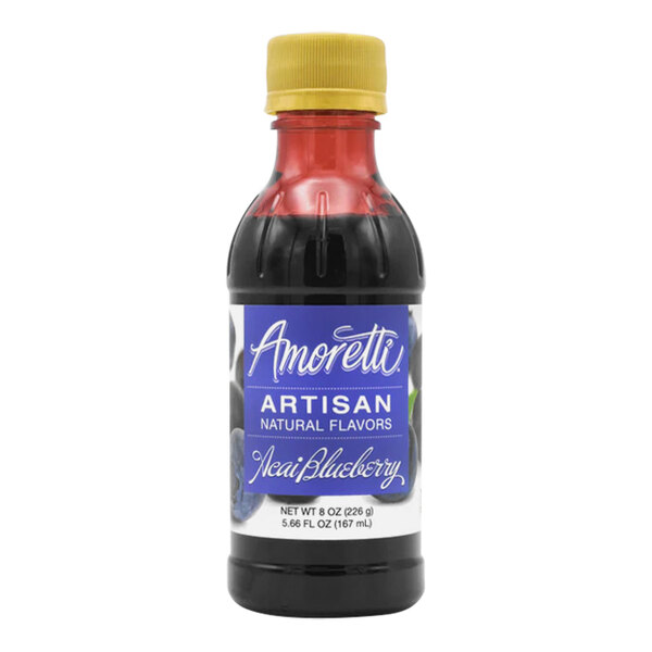An Amoretti Acai Blueberry Artisan Natural Flavor Paste bottle with a label.
