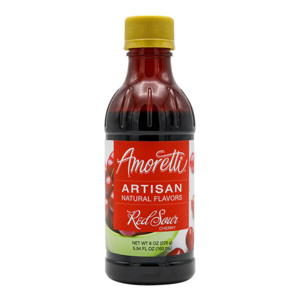 A bottle of Amoretti Red Sour Cherry Artisan Natural Flavor Paste with a red label and red liquid.