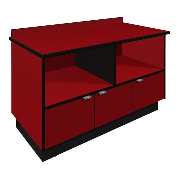 A red and black Plymold Hollyberry laminate double microwave cabinet on a counter.