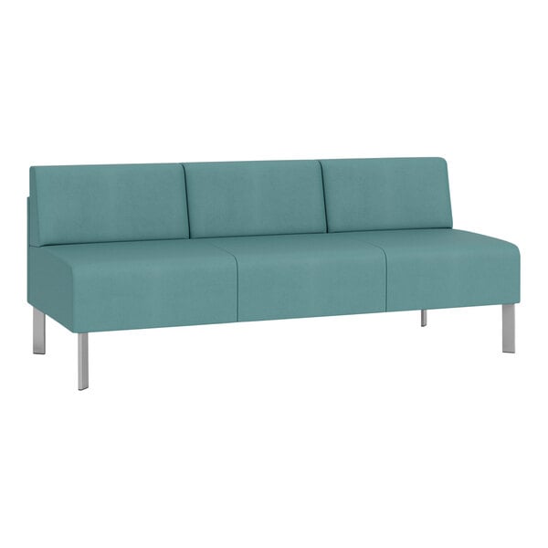 A blue Lesro Luxe Lounge Series Patriot Plus 3-seat sofa with steel legs.