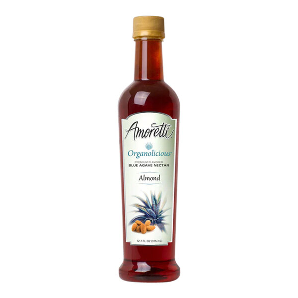 A bottle of Amoretti Organic Almond Blue Agave Nectar with a label.