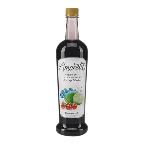 A bottle of Amoretti Cherry Lime Blue Raspberry Beverage Infusion with a label.