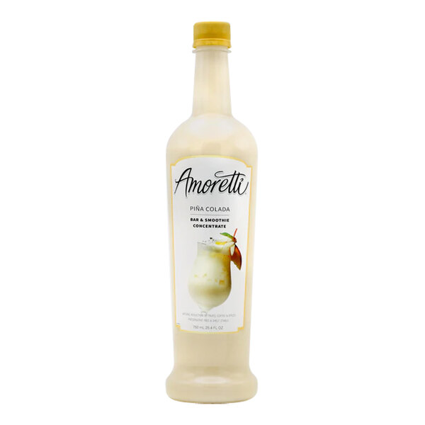 A bottle of Amoretti Pina Colada Smoothie Concentrate with a white label.