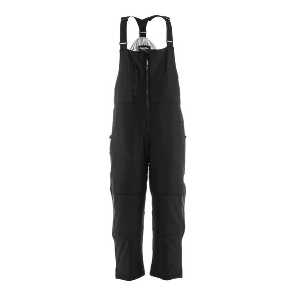 A pair of black Refrigiwear insulated bib overalls with straps and pockets.