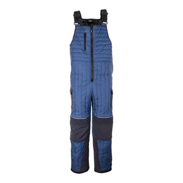 A close-up of navy blue and black RefrigiWear insulated bib overalls.