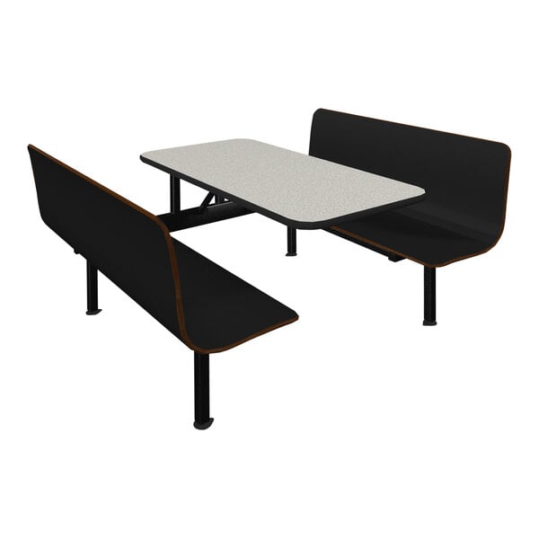 A Plymold white table top with black legs and two black benches on a white background.