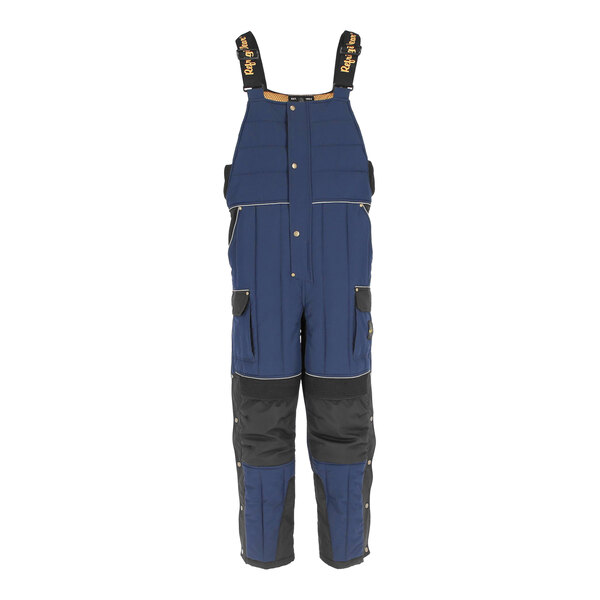 A pair of blue and black RefrigiWear insulated bib overalls.