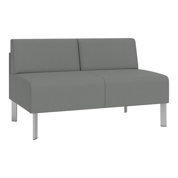 A Lesro Luxe grey fabric loveseat with steel legs.