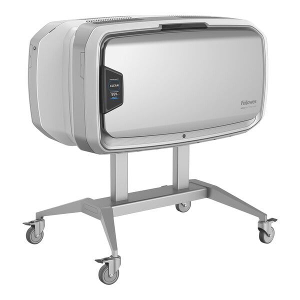 A Fellowes AeraMax Pro air purifier in white and silver on a metal stand.