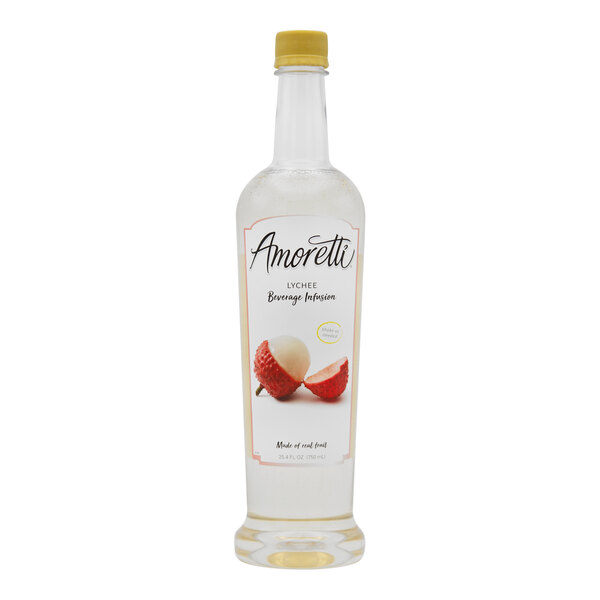 An Amoretti Lychee Beverage Infusion bottle with a white label featuring a red fruit.