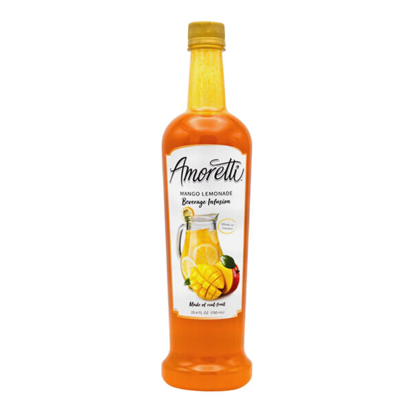 A bottle of Amoretti Mango Lemonade Beverage Infusion with a beverage label.
