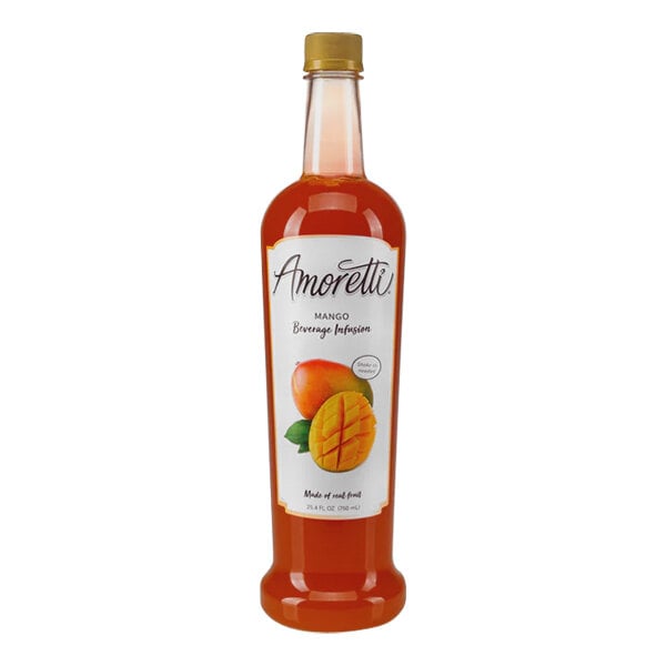 A bottle of Amoretti Mango Beverage Infusion with a label.