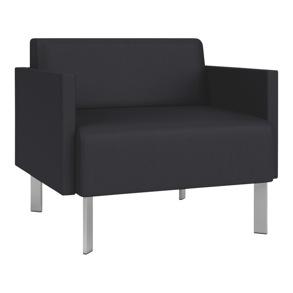 A Lesro Luxe Lounge black vinyl bariatric armchair with steel legs.