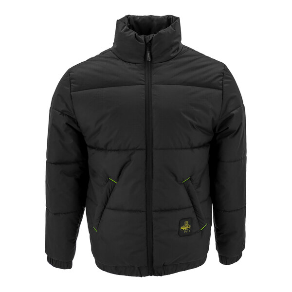 A black RefrigiWear Glacier Max padded jacket with a zipper and green trim.