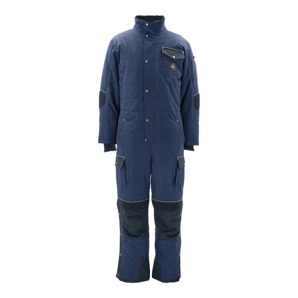 A navy blue insulated coverall with black pockets and buttons.
