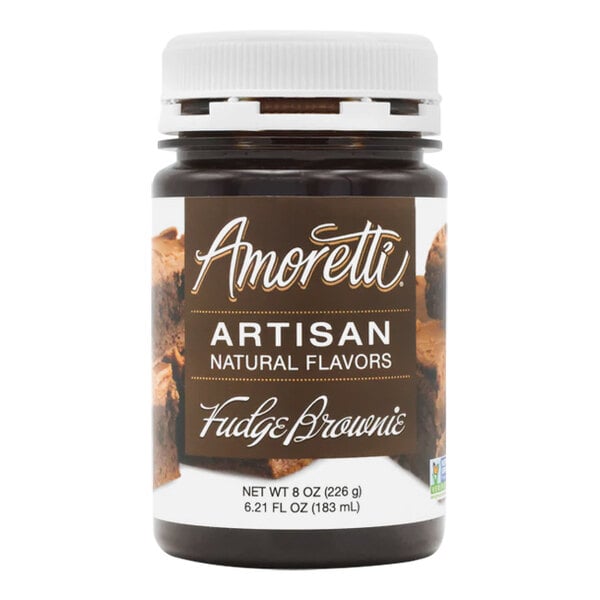 A brown jar of Amoretti Chocolate Fudge Brownie artisan natural flavor paste with a white label.