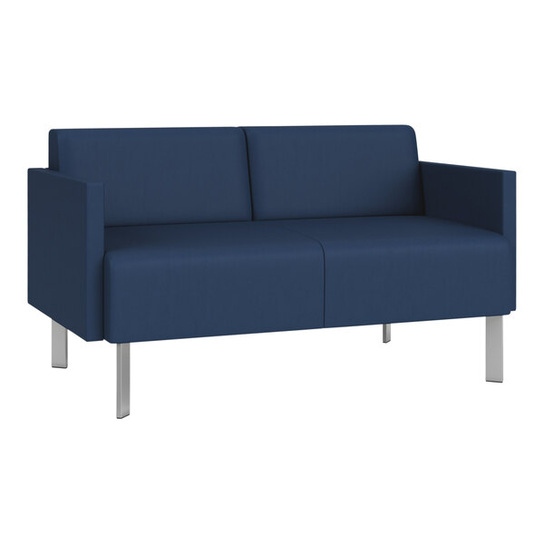 A blue Lesro Luxe Lounge loveseat with metal legs.
