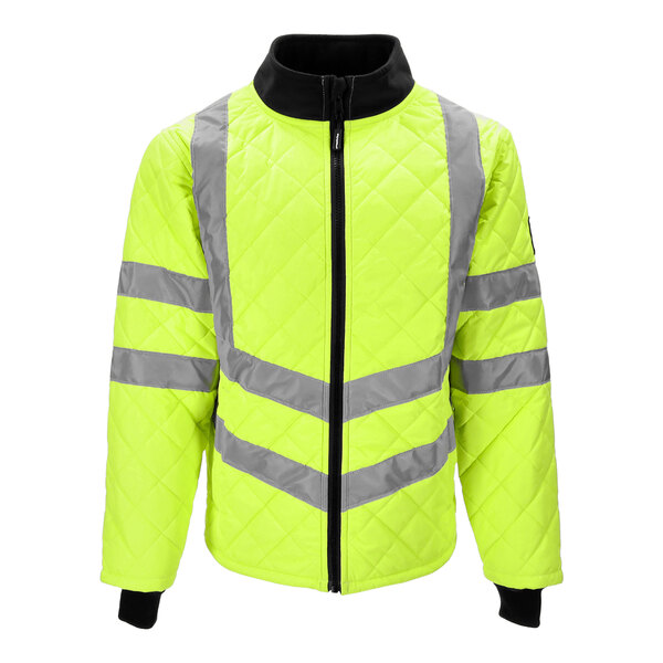 A yellow RefrigiWear high visibility jacket with grey reflective stripes.