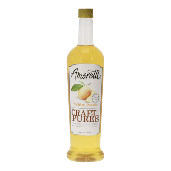 A bottle of Amoretti White Peach Craft Puree with yellow liquid inside.