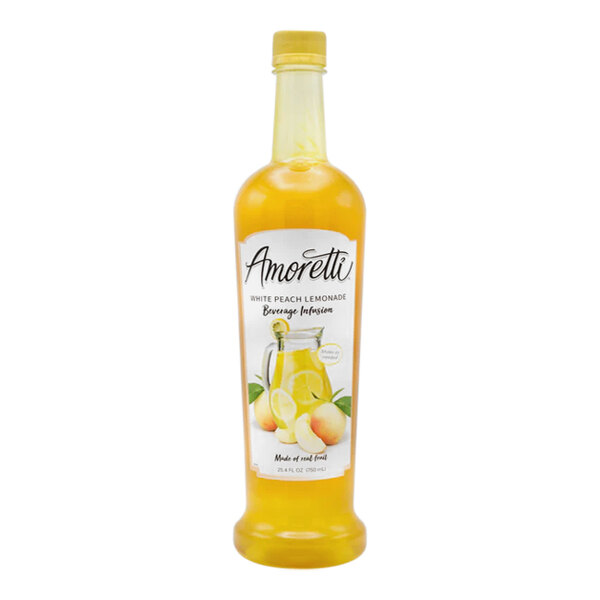 A bottle of Amoretti White Peach Lemonade Beverage Infusion on a white background.