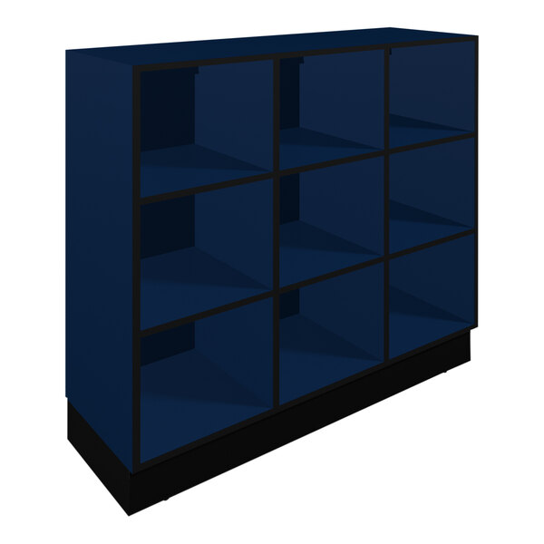 A blue Plymold lunch box cubbie with black shelves.