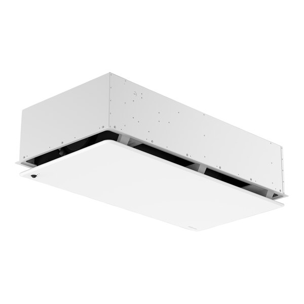 A white rectangular Fellowes ceiling-mounted air purifier with black inserts over the holes.