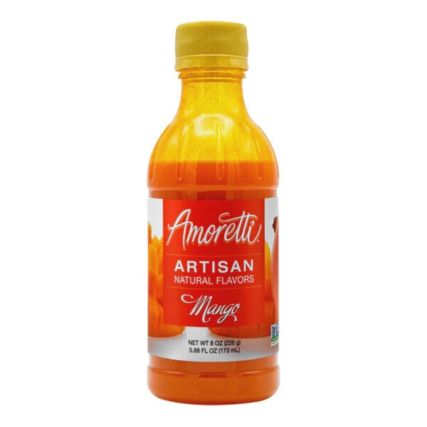 An Amoretti Mango Artisan Natural Flavor Paste bottle with orange liquid and white text.