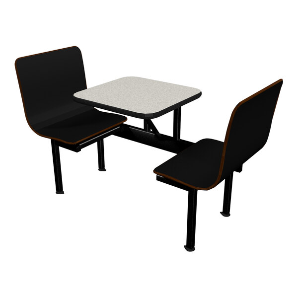 A white table with black edges and two black benches.
