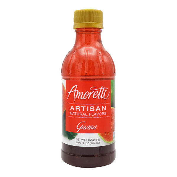 A close up of a bottle of Amoretti Guava Artisan Natural Flavor Paste with a red label.