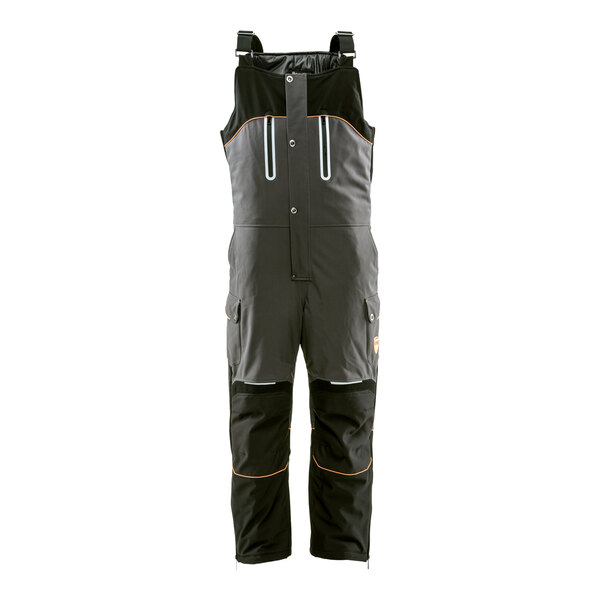 Black and grey RefrigiWear insulated bib overalls with orange trims.