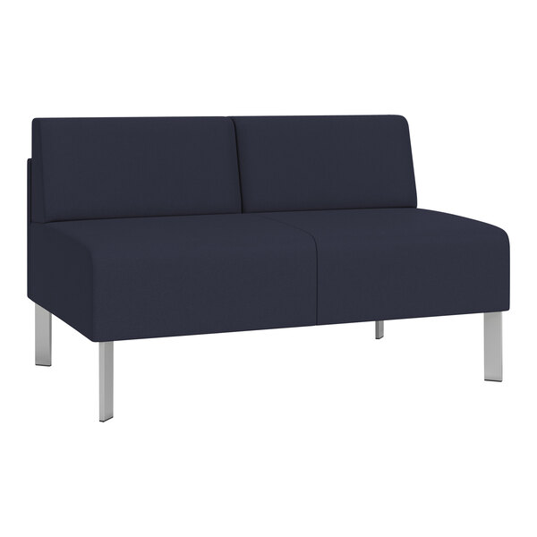 A navy blue Lesro Luxe Lounge loveseat with steel legs.