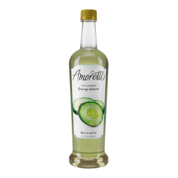 A bottle of Amoretti Cucumber Beverage on a white surface with cucumber slices.