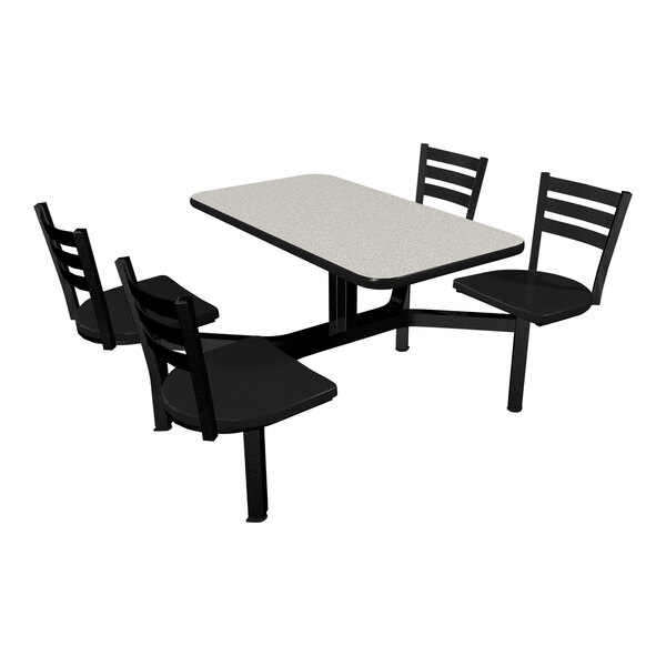A white table with black frame and four black chairs around it.