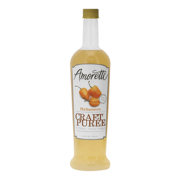 A bottle of Amoretti Habanero Pepper Craft Puree with a label featuring orange peppers.