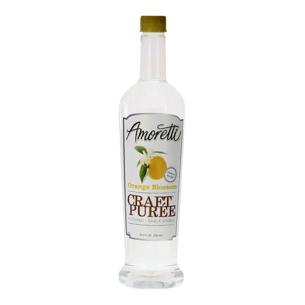 A clear bottle of Amoretti Orange Blossom Craft Puree with a white label.