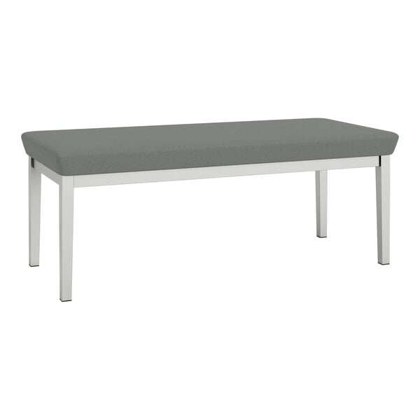 A Lesro Lenox steel 2-seat bench with a grey fabric seat and metal frame.