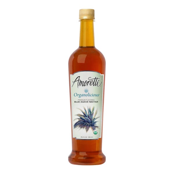 An Amoretti Organolicious Organic Amber Blue Agave Nectar bottle with a label.