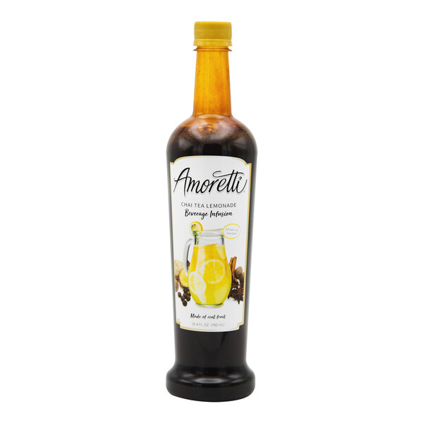 An Amoretti Chai Tea Lemonade Beverage Infusion bottle with a yellow cap and a label.