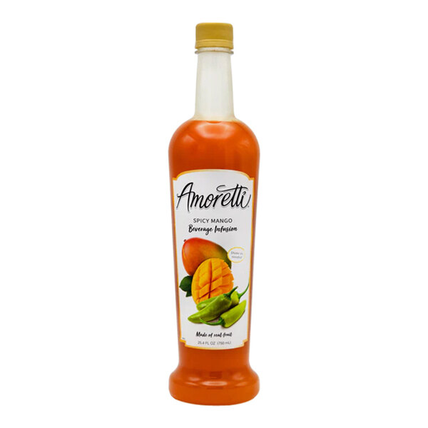 A bottle of Amoretti Spicy Mango Beverage Infusion with orange liquid.