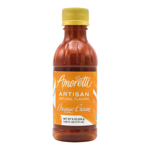 A bottle of Amoretti Orange Cream artisan flavor paste with a label.