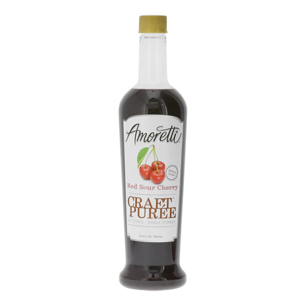 A bottle of Amoretti Red Sour Cherry Craft Puree with a label.
