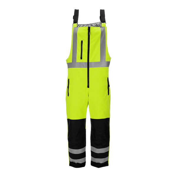 RefrigiWear HiVis lime and black insulated bib overalls with reflective stripes.